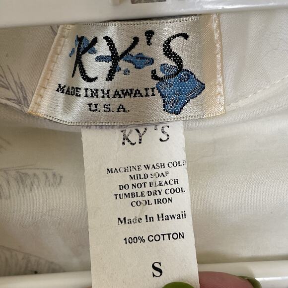 Vtg KY'S Hawaiian Cotton Button Up Camp Shirt  Beach Palm Tree Graphic 70s 80s S - Picture 5 of 7